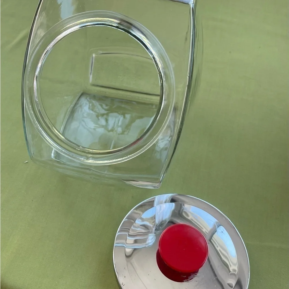 Vintage General store tilted glass, candy jar, large canister with chrome lid